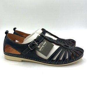 Spring Step Womens Size 38 7.5 - 8 Makeda Black Leather T-Strap‎ Cutout Sandals